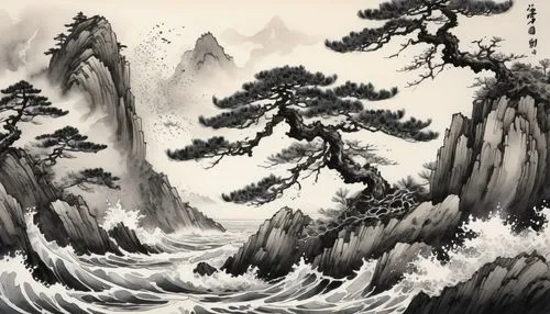 japanese waves,yashima,huashan,xuande,huangshan,the great wave off kanagawa,cool woodblock images,japanese mountains,japanese wave paper,wudang,water waves,mountainous landscape,flowing water,water scape,sea landscape,shaoming,mountain scene,japanese wave,wuyi,river landscape,Illustration,Paper based,Paper Based 30