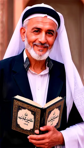 Labbaik Ya Hussain, old man, white beard, traditional clothing, Islamic attire, thawb, keffiyeh, agal, warm smile, wrinkled face, aged eyes, holding Quran, praying, mosque background, soft lighting, 3