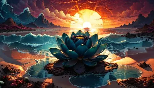 mesmerizing lotus,the sun shines brightly in this painting depicting waterlilies and mountains,cactus digital background,flower in sunset,flowerful desert,cacti,desert plant,desert plants,Illustration