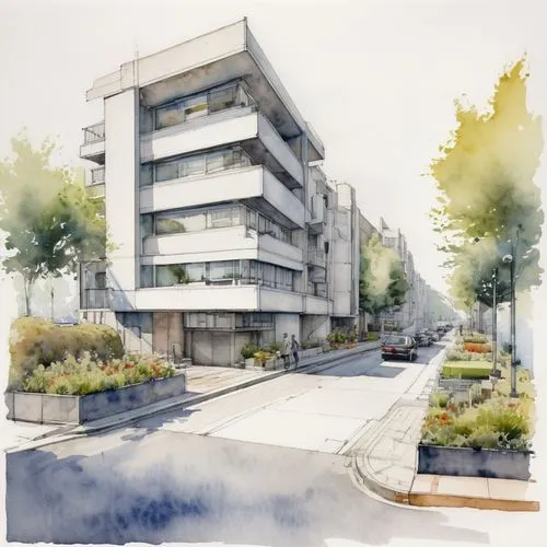 (watercolor:1.2) sketch of a street architectural (orthographic 2D section:1.2) with cars, bicycle path, pedestrian and landscaping,apartments,apartment buildings,apartment building,archidaily,facade 