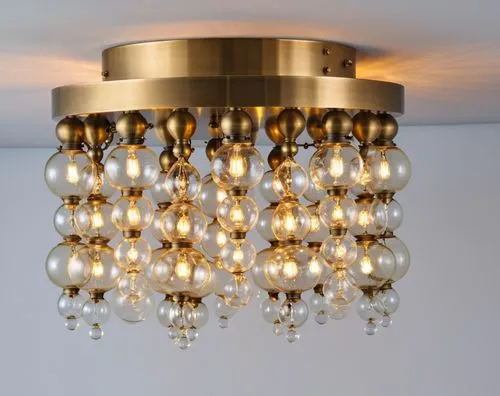 colored bubble glass flush mount finish antique brass with three candelabra bulb in the middle of the fixture
,a very nice light with some balls in it,ceiling light,ceiling lamp,halogen spotlights,cha