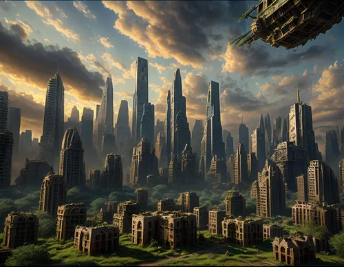 futuristic landscape,ancient city,terraforming,fantasy city,post-apocalyptic landscape,destroyed city,metropolis,sci fiction illustration,fantasy landscape,world digital painting,sky city,city cities,futuristic architecture,city scape,urbanization,city skyline,alien planet,alien world,digital compositing,airships