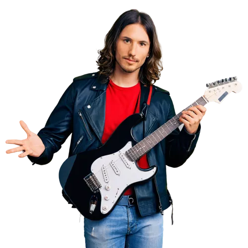 Electric guitar, rock musician, solo performance, dynamic pose, holding instrument, fingers pressing strings, pickguard, amplifier behind, cable plugged in, jeans and leather jacket, energetic facial 