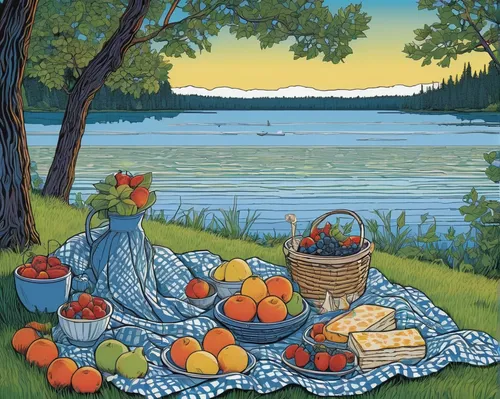 Draw a peaceful summer picnic by a serene lake, with a checkered blanket, fresh fruits, and a gentle breeze rustling the trees.,summer still-life,picnic,picnic basket,girl picking apples,picnic boat,s