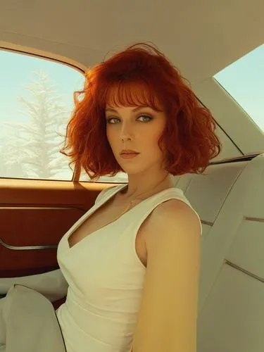 a woman is sitting in the back seat of a car,vasilescu,girl in car,woman in the car,car model,in car,retro woman,Conceptual Art,Sci-Fi,Sci-Fi 17