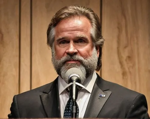 Titan speaker, middle-aged man, formal wear, black suit, white shirt, black tie, microphones, conference setting, dim background lighting, wooden podium, mature facial features, serious expression, ge