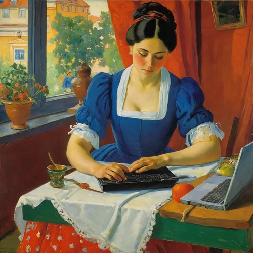 girl at the computer,girl studying,reading,girl picking apples,writing-book,girl with cloth,woman sitting,italian painter,woman eating apple,woman playing,work in the garden,child with a book,woman drinking coffee,woman holding pie,barbara millicent roberts,e-reader,the girl studies press,woman at cafe,girl in the kitchen,girl with bread-and-butter,Art,Classical Oil Painting,Classical Oil Painting 27