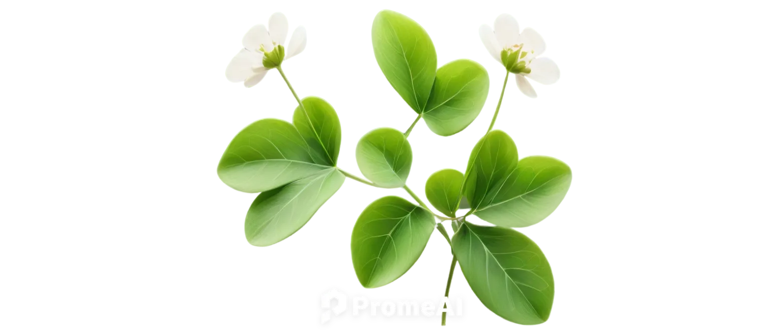 Three-leaf clover, green leaves, white flowers, delicate stem, soft focus, shallow depth of field, warm lighting, 3/4 composition, PNG transparent background, detailed texture, realistic rendering.,or