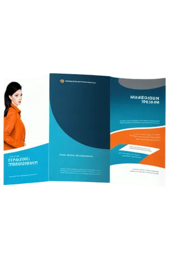 Tri-fold brochure, A4 size, white background, modern design, 3D effects, glossy finish, smooth curves, vibrant colors, corporate style, blue and orange accents, bold fonts, simple icons, plenty of neg