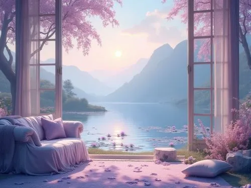 idyll,purple landscape,fantasy landscape,cartoon video game background,evening atmosphere,romantic scene,summer evening,beauty scene,idyllic,landscape background,serene,quietude,seclude,serenity,background design,restful,peaceful,tranquility,dream world,dreamscape,Photography,General,Realistic