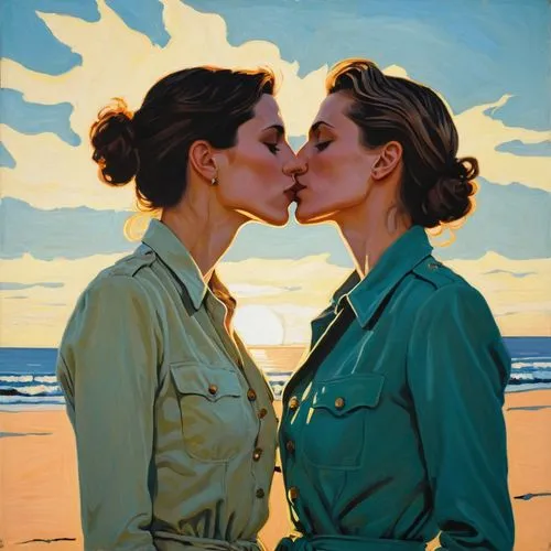 Lesbian couple kissing on the beach at sunrise,girl kiss,romantic portrait,two girls,kissing,young couple,mother kiss,cheek kissing,loving couple sunrise,oil painting,oil painting on canvas,two people