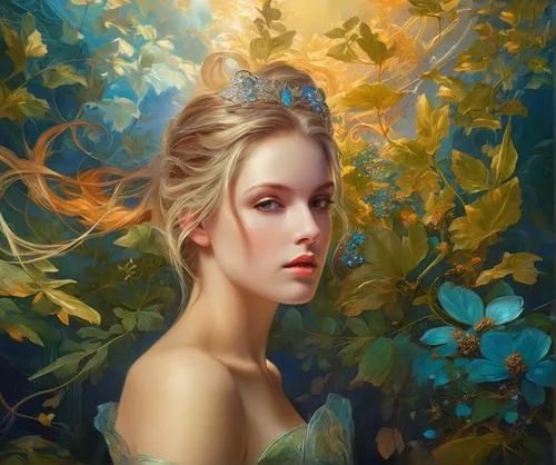 mystical portrait of a girl,fantasy portrait,romantic portrait,girl in a wreath,faerie,faery,girl with tree,dryad,oil painting on canvas,fantasy art,girl in the garden,oil painting,jessamine,magnolia,