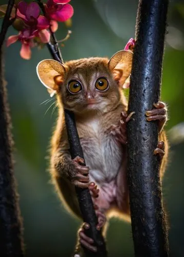 Madagascar tarsier, nocturnal, big round eyes, vertical slit pupils, thin brown fur, long tail, sitting on a branch, rainforest, Madagascar, dense foliage, vines, exotic flowers, misty atmosphere, war