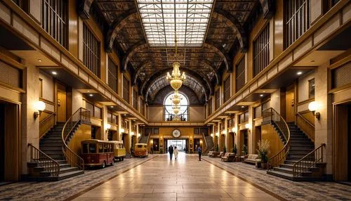 Glamorous art deco train station, ornate metallic facade, geometric patterns, luxurious golden accents, grandiose entrance halls, sweeping staircases, vintage luggage carts, retro-style clock towers, 