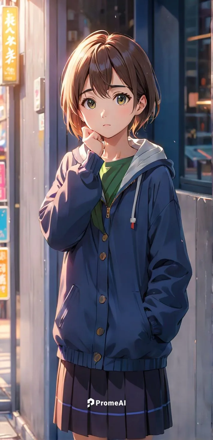 UNA NIÑA DE PIE PENSANDO  CON LA MANO EN SU BARBILLA,mc,euphonium,anime japanese clothing,yuki nagato sos brigade,honmei choco,mako,tsumugi kotobuki k-on,school clothes,parka,darjeeling,dusk backgroun