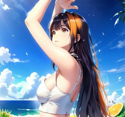 big boobs, cleavage, yellow orange hair,  white  bathing suit
Long hair, phoebe cates,anime girl in bikini touching the side of a tropical sea,mikan,citrus,summer background,zura,sun,honolulu,Anime,An