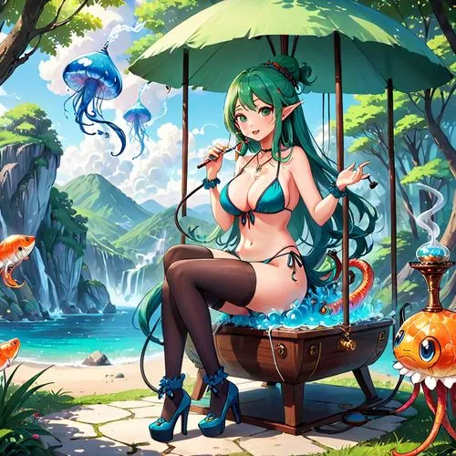 mermaid background,hatsune,gumi,nami,summer background,hatsune miku,mikus,melusine,tiki,sinon,scylla,sona,lamia,vocaloid,emerald sea,lum,summer umbrella,lyn,yggdrasil,nereids,Anime,Anime,Traditional