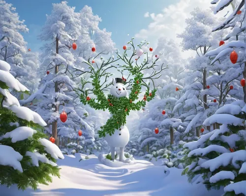 Create a detailed painting of sambucus intertwined with mistletoe in a winter forest.,christmas snowy background,snow tree,fir tree decorations,mistletoe berries,snowy tree,seasonal tree,mistletoe,sno