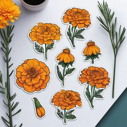 orange floral paper,marigolds,flower marigolds,orange marigold,garden marigold,marigold flower,flower painting,tagetes,english marigold,calendula petals,tagetes flower,crown marigold,tagetes patula,orange flowers,calendula,sunflower coloring,pot marigold,flower drawing,floral doodles,sunflower paper,Unique,Design,Sticker