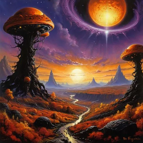 mushroom landscape,mushroom island,alien world,alien planet,futuristic landscape,ufos,Illustration,Realistic Fantasy,Realistic Fantasy 32