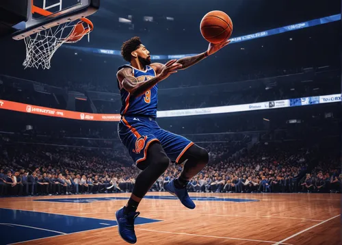 Design a dynamic and action-packed Knicks logo highlighting a basketball player in mid-air dunking the ball.,nba,dunker,globetrotter,dame’s rocket,cauderon,pistons,ros,the game,basketball,game asset c