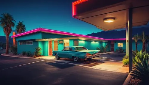 Modern motel, neon sign, retro-futuristic vibe, geometric shapes, bold lines, vibrant colors, angular roof, cantilevered balconies, glass railings, sleek metal door handles, minimalist decor, tropical