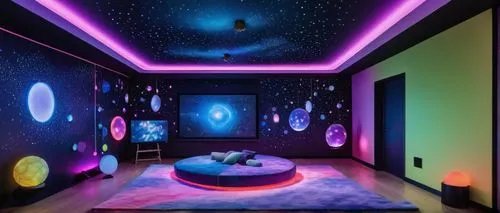 ufo interior,kids room,sleeping room,baby room,children's bedroom,great room,sky space concept,the little girl's room,blue room,children's room,boy's room picture,out space,modern room,space,playing room,outer space,room newborn,spaceship space,interior design,bedroom,Illustration,Retro,Retro 05