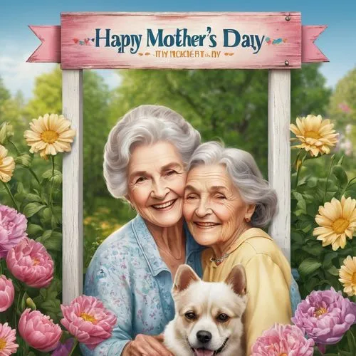 a whimsical illustration of a sign saying Happy mother's day with a photo of an old woman attatched. Around the sign with the photo there are photos of her grown up children and her grandchildren and 