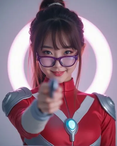 Realistic photo of an extremely beautiful and cute Japanese girl idol, smiling at the camera while holding her Ultraman weapon with one hand in front of her. She is wearing a red, white, and gray unif