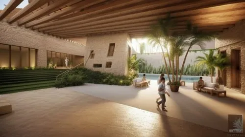  Create a highly realistic rendering of an indoor shaded area located in Siwa Oasis. The scene features lush, native plants strategically placed around the space to create a serene and inviting atmosp