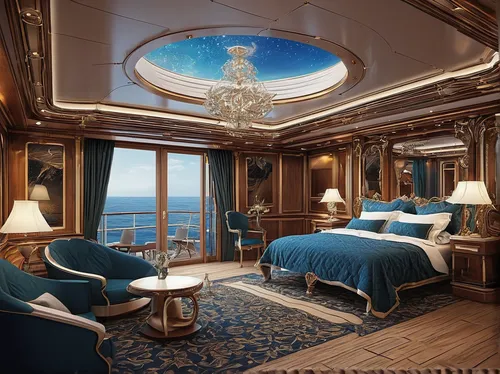 Imagine a lavish cruise ship with grand, ornate cabins and a breathtaking top deck.,sea fantasy,royal yacht,luxury yacht,on a yacht,venice italy gritti palace,luxurious,great room,luxury,yacht,napoleo