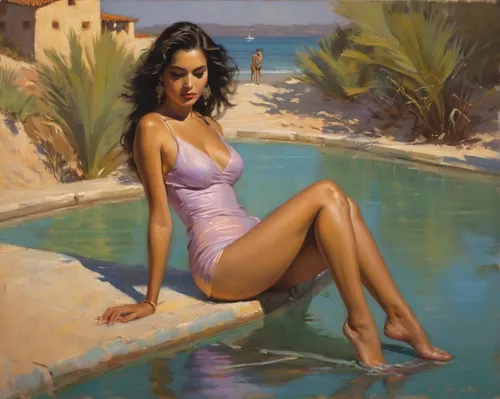 This figurative artwork is a limited edition print of a pastel painting by Vicente Romero.,oil painting,italian painter,girl on the river,oil painting on canvas,la violetta,girl on the boat,art painti