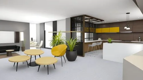 modern upscale  office waiting lobby,modern kitchen and living room design with yellow accents,modern kitchen interior,kitchen design,modern kitchen,kitchen interior,modern minimalist kitchen,3d rende