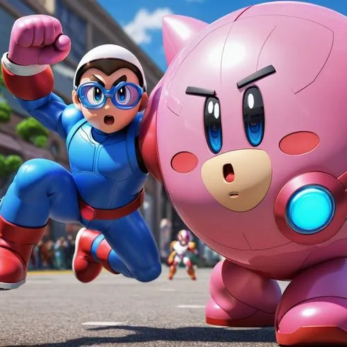 Kirby with glasses on fighting mega man,kirbyjon,kinnikuman,jigglypuff,kirby,unico,pobjoy,smashnova,korb,kawata,poborsky,soffiantini,gooberman,kawaii pig,megafight,cartoon pig,mascotech,sportacus,bosa