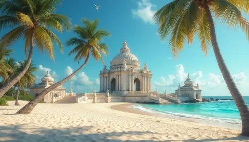 tropico,tropical island,tropical beach,island church,seaside resort,cuba background,coconut trees,beachfront,tropical house,caribbean beach,south seas,palm branches,saint martin,tropical sea,velankanni,3d rendering,3d render,3d rendered,paradise beach,beach scenery,Photography,General,Realistic