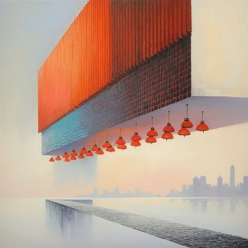 东方艺术，留白，氛围感,art work featuring umbrellas in front of a body of water,kimmelman,bjarke,shulman,adjaye,shipping containers,halderman,Conceptual Art,Sci-Fi,Sci-Fi 22