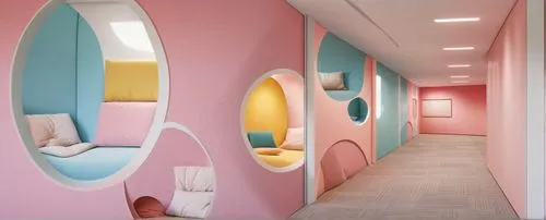 Educational space, wall design, pastel tones, carpet tiles,children's room,children's interior,kids room,baby room,hallway space,pediatrics,interior design,creative office,color wall,post-it notes,sch