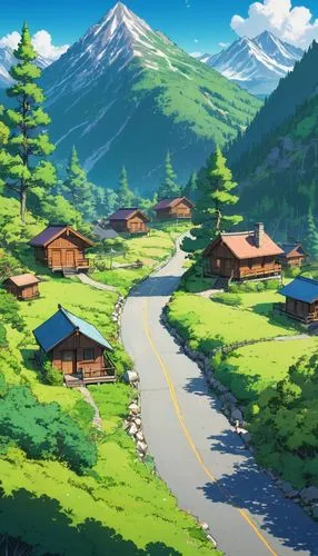 butka,mountain village,alpine village,japanese alps,ghibli,mountain scene,Illustration,Japanese style,Japanese Style 03