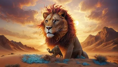 Create an impressive beige and brown sandstorm building up a most awe-inspiring, very detailed, majestic lion's face with intriguing eyes over a rough dessert landscape with scattered bushes. The lion