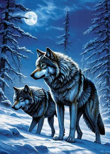 two wolves,wolf couple,wolves,werewolves,canis lupus,wolf hunting,howling wolf,wolf pack,gray wolf,constellation wolf,wolfdog,european wolf,huskies,wolf,canis lupus tundrarum,canidae,werewolf,wolf's milk,winter animals,blue moon,Illustration,Black and White,Black and White 17