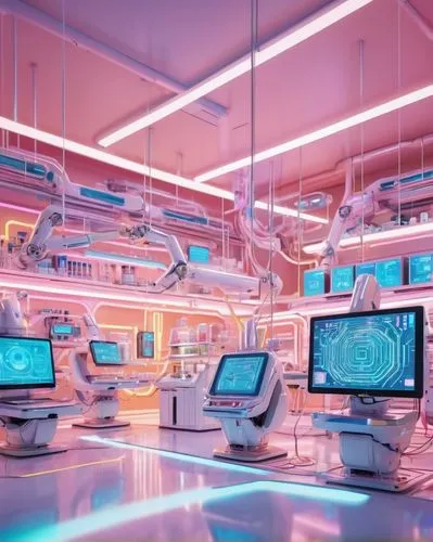 Futuristic laboratory interior, neon lights reflecting off metallic surfaces, AI-generated images displayed on holographic screens, robotic arms assembling machinery, intricate circuit boards, wires a