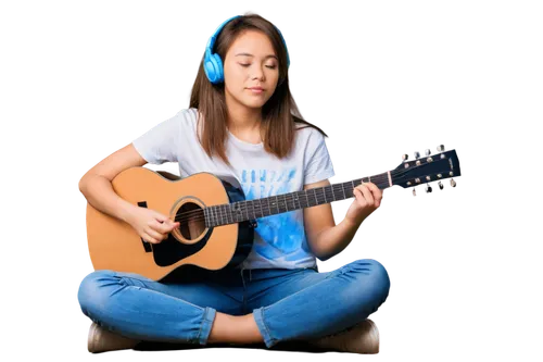 Young musician, headphones, messy brown hair, casual white t-shirt, blue jeans, sitting cross-legged, acoustic guitar, fingers pressing strings, music notes floating around, warm studio lighting, soft