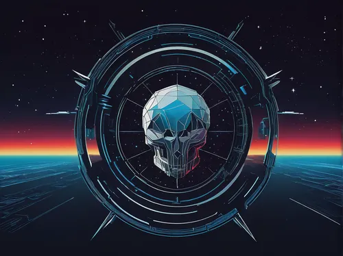 Design a futuristic Radiohead logo in space setting.,death's-head,dead earth,death's head,magneto-optical disk,skeleton key,skull allover,human skull,aurora-falter,blank vinyl record jacket,scythe,sei