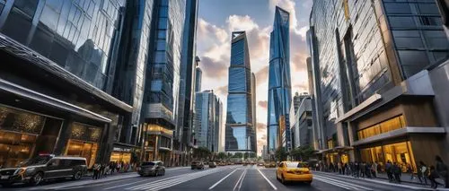 Grand, majestic skyscraper, modern futuristic design, sleek metallic façade, intricate structural details, towering high-rise building, bustling metropolitan cityscape, sunny afternoon, warm golden li