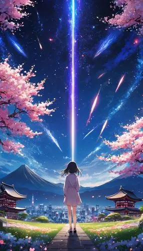 sakura background,japanese sakura background,violet evergarden,falling stars,cosmos wind,falling star,cosmos,rainbow and stars,moon and star background,star sky,sakura,yuki nagato sos brigade,would a background,starry sky,meteor,cosmos field,star winds,star flower,sakura blossom,shooting star,Illustration,Japanese style,Japanese Style 04