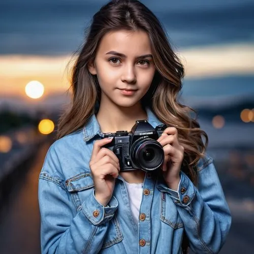 A girl in a casual outfit, holding a camera in her hands, standing,Half-body shot, slightly tilted to add a dynamic feel and focus on her equipment,a girl with a camera,portrait photographers,mirrorle