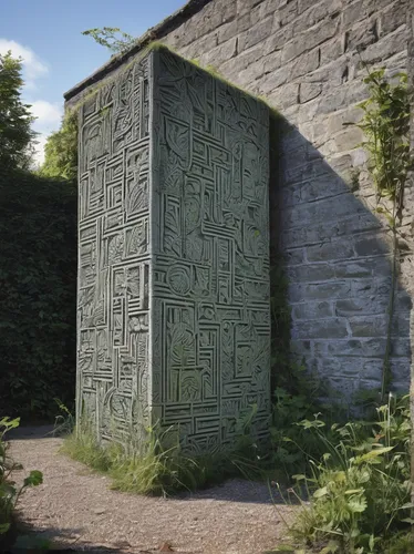 Imagine a suspenseful story surrounding a mysterious cement block.,carved wall,garden door,stelae,runestone,wood gate,obelisk tomb,farm gate,mausoleum ruins,wall stone,bronze wall,hermannsdenkmal,tixa