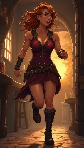 Draw in anime style: A muscular, hazel-eyed, amber-haired, bronze-tan female Amazon, with a big scar on her right leg, wearing bronze bracelets, sleeveless burgundy leather armor, black leather boots,