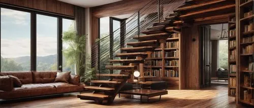 bookcases,wooden stairs,bookcase,bookshelves,wooden stair railing,interior modern design,loft,bookshelf,wooden ladder,outside staircase,staircase,shelving,livingroom,nook,staircases,winding staircase,wooden shelf,lofts,stairs,modern room,Illustration,Realistic Fantasy,Realistic Fantasy 35