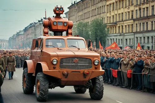 masterpiece, ultra quality, HDR, Soviet giant robots like uaz car, Soviet Union in 1970, at the city, many soviet people, all happy, parade,victory day,gaz-53,ural-375d,uaz patriot,uaz-469,parade,uaz-